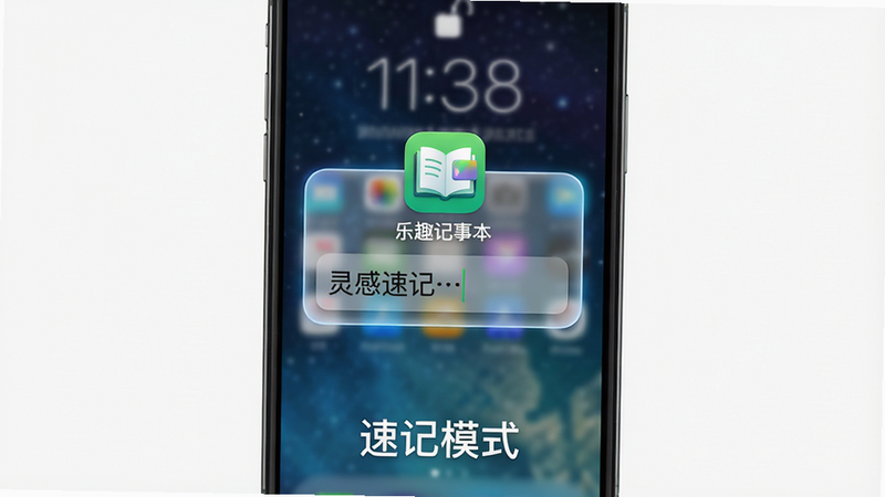 主体:手机锁屏界面,屏幕中央浮出一个半透明的输入框,上方有“乐趣记事本”的绿色图标,输入框内有模拟文字“灵感速记…”。布局:手机竖立,锁屏壁纸为模糊的蓝色星空,输入框居中。排版:手机占画面四分之三,下方有“速记模式”四个字。风格:科技感,简洁。细节:输入框边缘有柔和光晕,图标带渐变光泽。画质:高清,干净,无多余元素。