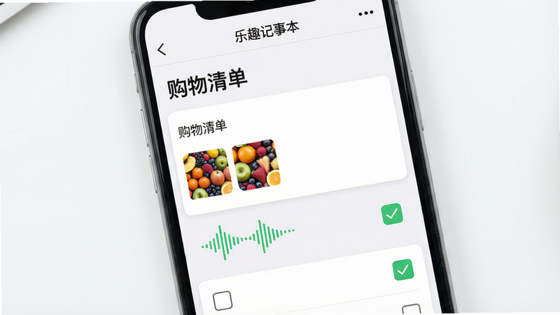 主体:手机屏幕展示“乐趣记事本”的编辑页面,顶部有“购物清单”标题,下方依次显示文本、小图片缩略图、语音波形图标和带勾选框的列表项。布局:手机居中,背景为浅白色,编辑页面元素排列整齐。排版:手机占画面三分之二,页面内各模块分区明显。风格:清爽,功能化。细节:图片缩略图为水果照片,语音波形为绿色,复选框有打勾效果。画质:超清,干净,无多余元素。