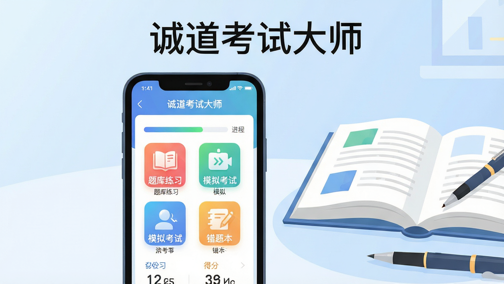 主体:一部亮着屏幕的智能手机,屏幕上显示“诚道考试大师”App主界面,界面中有“题库练习”、“模拟考试”、“错题本”等彩色功能图标,手机旁边放着一本翻开的教材和一支笔。布局:手机居中偏左,教材与笔在右侧,背景为淡蓝色渐变,整体干净明亮。排版:画面主体突出,留白适当,文字“诚道考试大师”清晰显示在手机屏幕上方。风格:现代扁平插画风,色彩清新,线条简洁。细节:手机屏幕内有进度条和得分数据,体现学习效果。画质:高清,干净,无多余元素。