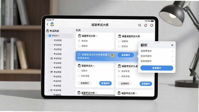 主体:一个平板电脑横屏展示“诚道考试大师”的题库列表页面,页面左侧显示考试科目分类树,右侧显示题目卡片,卡片上有选项和“查看解析”按钮。布局:平板电脑居中,背景为浅灰色,周围有模糊的书架和台灯。排版:界面元素清晰,层次分明。风格:写实3D渲染风格,光影自然。细节:平板屏幕中一道题目高亮,旁边弹出解析小窗。画质:超清,干净,无多余元素。