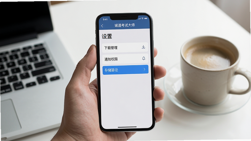 主体:一只手拿着手机,屏幕上显示“诚道考试大师”的“设置”页面,页面中有“下载管理”、“通知权限”、“存储路径”等选项。布局:手机居中,背景为简洁的桌面,旁边放着一杯咖啡。排版:设置选项清晰可见,当前操作项高亮。风格:写实生活照风格,光线柔和。细节:屏幕上方显示“诚道考试大师”字样。画质:高清,干净,无多余元素。