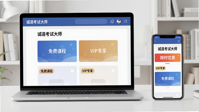 主体:一个笔记本电脑和一部手机并排放在桌上,屏幕上都显示“诚道考试大师”的课程列表页面,页面中有“免费课程”和“VIP专享”标签。布局:笔记本在左,手机在右,背景为简洁的书房。排版:两个屏幕中的内容大小适中,清晰可见。风格:商务简约风,色调明快。细节:手机屏幕上有“限时优惠”横幅。画质:高清,干净,无多余元素。