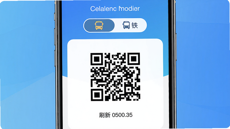 手机屏幕特写展示“公交地铁一码通”App的乘车码页面,顶部显示公交与地铁切换按钮,二维码居中,底部有刷新倒计时,背景为简洁的渐变蓝色,风格扁平化,细节丰富,画质清晰,无多余元素