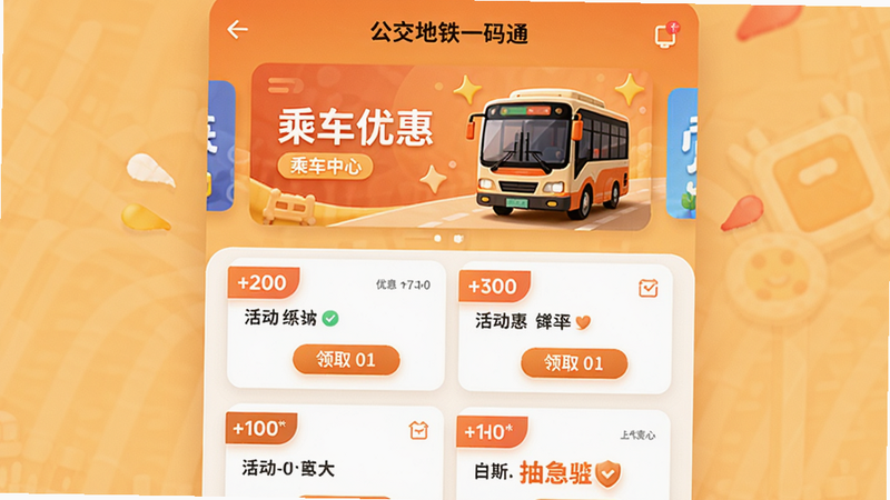 界面展示“公交地铁一码通”的优惠中心页面,顶部有轮播图写着“乘车优惠”,下方列表展示多个活动卡片,包含折扣标签和领取按钮,背景为暖色调,风格活泼,画质清晰,无多余元素