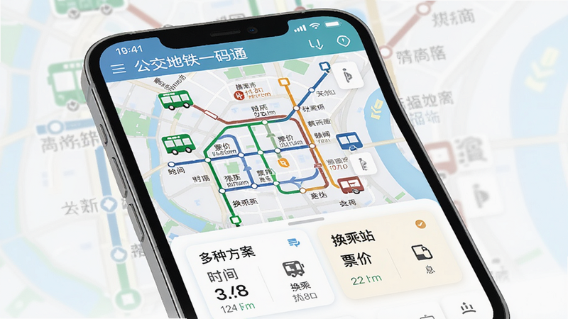 智能手机展示“公交地铁一码通”的线路规划界面,地图上标注公交与地铁线路,底部显示多种方案卡片,包含时间、票价、换乘站信息,界面简洁直观,风格现代,画质干净,无多余元素