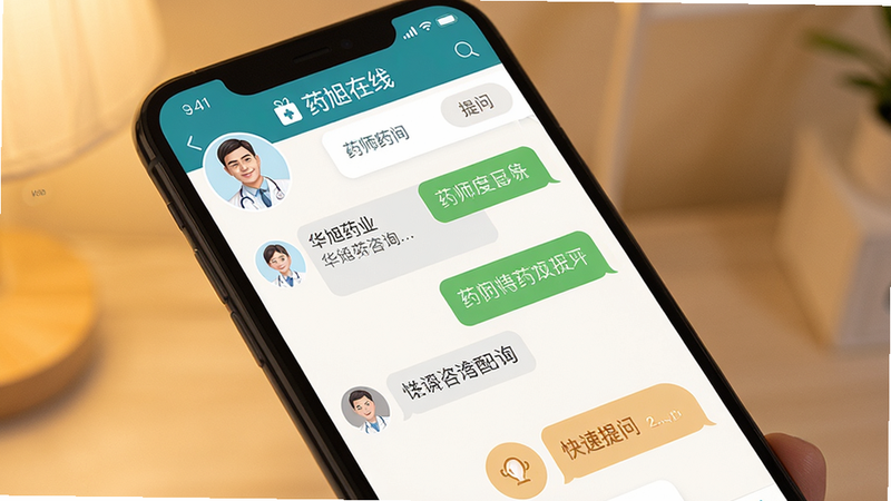 主体:华旭药业APP的在线咨询页面;布局:手机屏幕显示对话窗口,医生头像在左上角;排版:聊天式界面,气泡对话清晰可见;风格:温馨亲和,暖色调背景;细节:屏幕上有“药师在线”字样和快捷提问按钮;画质:高清,干净,无多余元素