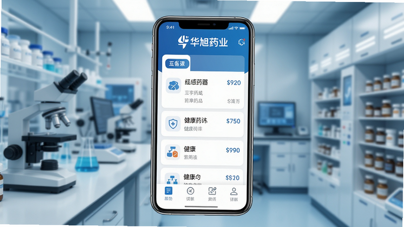 主体:华旭药业APP界面,展示药品列表和健康资讯;布局:手机居中,上方为品牌logo,下方为功能图标;排版:现代扁平化风格,信息层级清晰;风格:科技感与医疗感结合,色调为蓝色和白色;细节:屏幕显示药品名称和价格,背景有模糊的实验室和药房元素;画质:高清渲染,干净,无多余元素