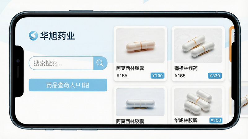主体:华旭药业APP的药品查询界面;布局:手机屏幕占据画面中央,左侧为搜索栏,右侧为药品卡片;排版:卡片式布局,药品图片清晰,文字标注“阿莫西林胶囊”等;风格:简洁医疗风,白色背景搭配浅蓝点缀;细节:屏幕上有放大镜图标和药品价格标签;画质:高清,干净,无多余元素