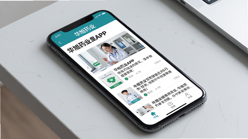 主体:华旭药业APP在手机上的运行截图;布局:手机倾斜摆放,屏幕显示健康资讯页面;排版:图文混排,标题加粗,图片清晰;风格:清新商务风,背景为浅灰色桌面;细节:屏幕上有“华旭药业”字样和健康文章列表;画质:高清,干净,无多余元素