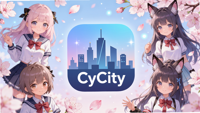 主体:CyCity应用图标与动漫元素结合的创意图片。布局:中心为CyCity的app图标(圆形,内含动漫城市剪影),周围环绕着不同姿势的动漫人物,背景为飘落的樱花和光点。排版:图标居中突出,动漫人物环绕四周,形成环状构图。风格:二次元插画风,色彩柔和,粉色与蓝色为主调。细节:图标上写有“CyCity”字样,动漫人物包括少女、少年、兽耳娘等,樱花花瓣细腻。画质:高清晰度,色彩过渡自然,干净,无多余元素。