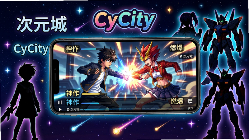 主体:手机屏幕展示CyCity动漫播放界面,画面中有一部正在播放的热血动漫,周围环绕着动漫角色剪影和弹幕文字“次元城”、“CyCity”。布局:手机居中,屏幕内容清晰可见,周围配以星空和霓虹光效,营造二次元氛围。排版:手机为视觉中心,屏幕内容占画面主体,上方悬浮“CyCity”艺术字logo,下方点缀几颗流星。风格:二次元插画风,色彩鲜艳明亮,高饱和色调。细节:屏幕中播放的动漫画面有战斗特效,弹幕飘过“神作”、“燃爆”等文字,角色剪影包括少年、少女、机甲等元素。画质:8k超高清,细节丰富,干净,无多余元素。