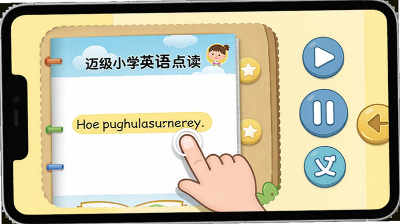 画面主体为“迈级小学英语点读”App的课本点读界面,左侧显示教材页面,右侧有播放/暂停/复读按钮,手指点击句子高亮,背景为淡黄色,卡通风格,布局清晰,细节精致,画质干净无多余元素