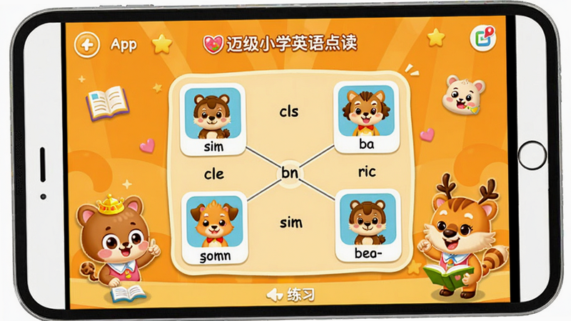 画面主体为“迈级小学英语点读”App的互动练习页面,屏幕上出现连连看游戏,单词与图片连线,背景为橙黄色,有卡通动物角色,活泼可爱,布局合理,细节丰富,画质干净无多余元素