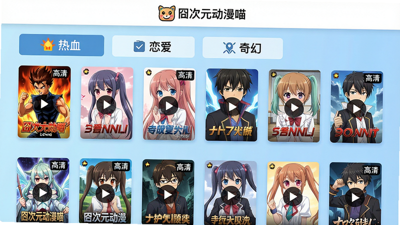 主体:动漫资源库界面展示,分类标签如“热血”“恋爱”“奇幻”排列。布局:网格布局,每个分类下有多部动漫封面缩略图。排版:图标+文字标签,清晰易读。风格:扁平化设计,背景为淡蓝色渐变。细节:封面图上叠加播放按钮和“高清”标记,顶部有“次元动漫喵”Logo。画质:高清,干净,无多余元素。
