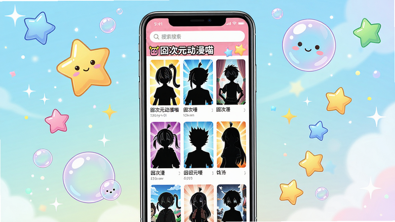 主体:动漫手机界面展示次元动漫喵应用,屏幕上显示热门动漫封面墙。布局:居中构图,手机位于画面中心,周围有漂浮的二次元元素如星星、气泡。排版:界面清晰,列表式排列,顶部有搜索栏。风格:日系二次元插画风,色彩鲜艳明亮。细节:屏幕中可见“次元动漫喵”字样及多个动漫角色剪影。画质:高清,干净,无多余元素。