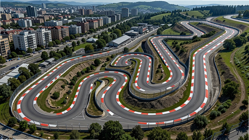主体:一条俯瞰的赛道全景,赛道蜿蜒穿过城市与自然景观。布局:赛道从画面左下角延伸至右上角,周围有建筑、树木和山丘。排版:展示了赛道的全貌和复杂弯道。风格:写实风格,俯瞰视角。细节:赛道标线清晰,环境细节丰富。画质:高分辨率,干净,无多余元素。