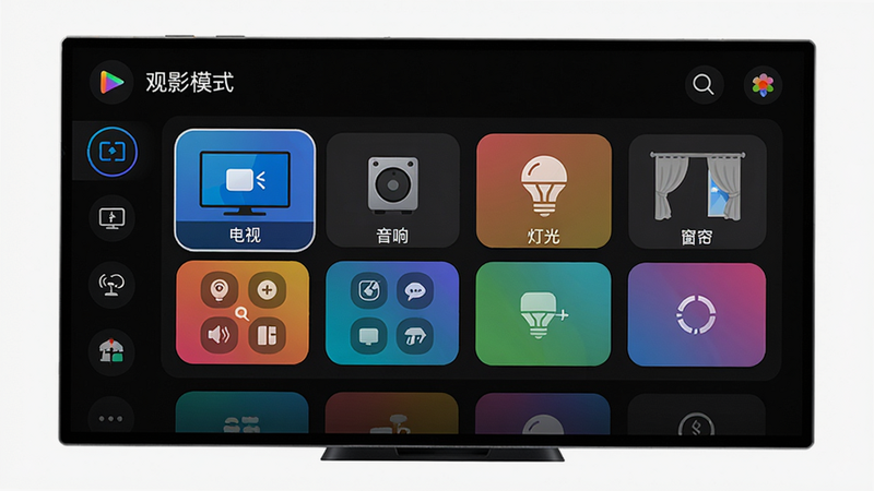 智能遥控器秒连应用场景面板编辑界面,屏幕上显示“观影模式”自定义面板,包含电视、音响、灯光、窗帘等控制按钮,按钮可拖拽排序,界面色彩丰富,布局灵活,背景为深色,突出按钮的鲜艳色彩,整体风格现代,画质高清,画面干净,无水印