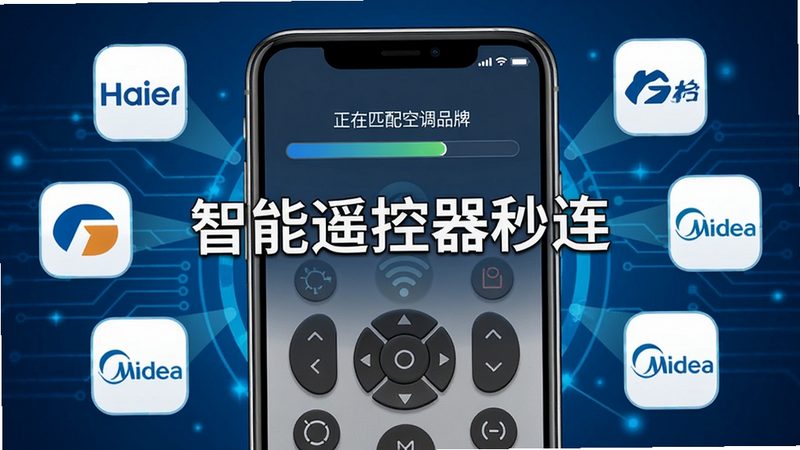 一幅展示智能遥控器秒连红外码库匹配过程的界面截图,手机屏幕上显示“正在匹配空调品牌”进度条,周围有海尔、格力、美的等品牌图标环绕,背景为科技感蓝色,画面中央有“智能遥控器秒连”水印,布局规整,风格写实,画质清晰,无多余元素