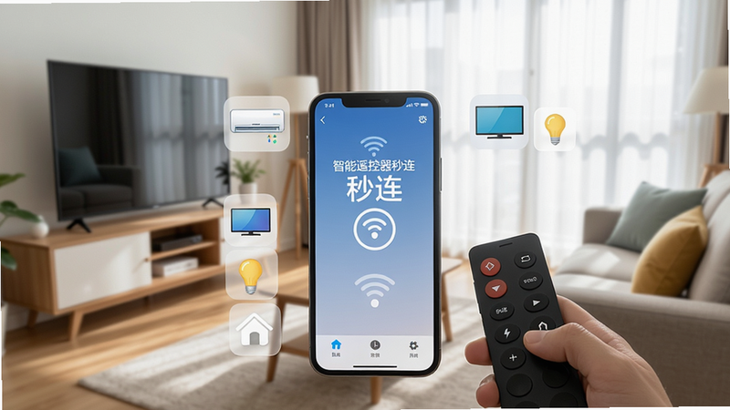智能手机连接家庭WiFi,通过智能遥控器秒连控制空调、电视等设备,画面中手机屏幕上显示“智能遥控器秒连”主界面,周围有空调、电视、灯泡等智能家居图标,背景为室内客厅场景,光线明亮,风格写实,布局自然,画质高清,干净无多余元素