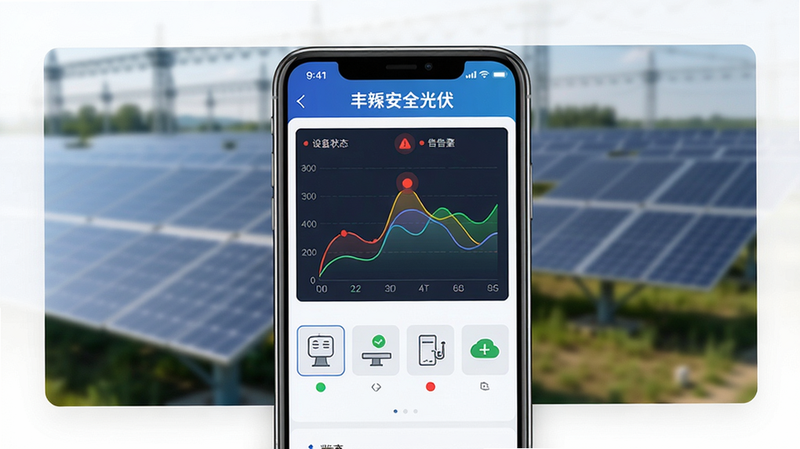 画面主体为智能手机屏幕显示“丰郅安全光伏”监控界面,背景为模糊的光伏电站。布局采用手机居中特写,四周留白。排版简洁,风格现代科技感,细节包括彩色曲线图、告警红点、设备状态图标,画质高清,干净无多余元素。