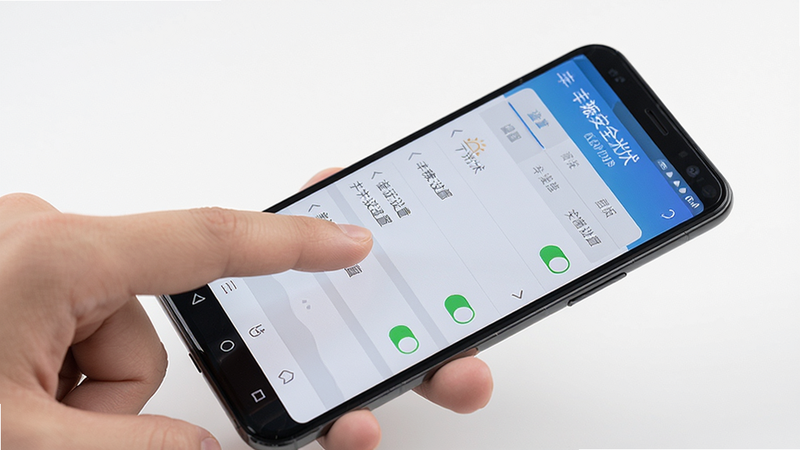 画面主体为一只手正在安卓手机上操作“丰郅安全光伏”APP,屏幕显示设置菜单。布局采用手机特写,背景简洁。排版清晰,风格实用教学,细节包括手指点击、菜单选项、开关按钮,画质高清,干净无多余元素。