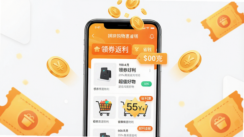 ���壺��ƴƴ�����ʡǮ��APP����չʾ���ֻ���Ļ�ڳ�����Ʒ�б��ͷ�������ǩ�����֣��ֻ����У���Ļ���������ɼ�����Χ�н�Һ��Ż�ȯԪ�ص�׺���Ű棺����������ɫ��Ϊ�Ȼ�ɫ��ͻ����ʡǮ�����⣻����ִ���ƽ�����Ƽ���������н�ϣ�ϸ�ڣ���Ļ����ʾ����ȯ������������ֵ�����������Ҵ��ֻ��������䣻���ʣ�4K���壬�ɾ��޶���Ԫ�ء�