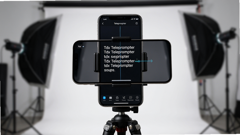 画面主体为一部运行着Tdx Teleprompter应用的智能手机,屏幕清晰显示悬浮提词文字,手机被放置在专业三脚架上,背景是柔和虚化的摄影棚灯光。布局采用居中构图,手机位于视觉中心。排版风格简洁专业,突显软件界面。整体风格为现代科技感,细节包括屏幕上的文字滚动效果和手机金属边框质感。画质为8K超高清,画面干净无多余元素,文字标注为“Tdx Teleprompter”。