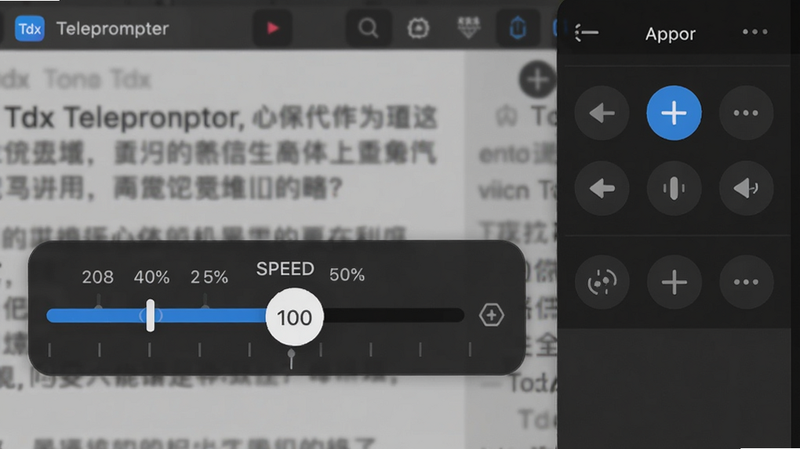 特写镜头展示Tdx Teleprompter应用的控制界面,屏幕上有一个醒目的速度调节滑块,背景是模糊的提词文本。布局为左侧文本右侧控制面板。排版清晰直观,风格扁平化设计。细节突出滑块上的进度指示和数字百分比。画质高清,干净无多余元素。