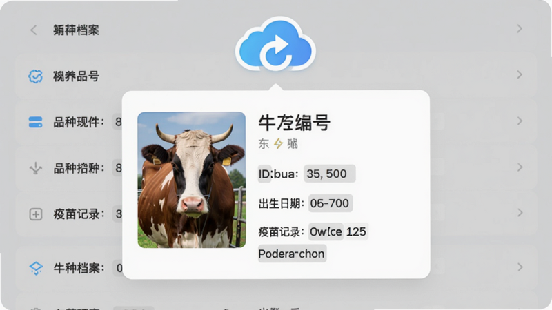 չʾ����ţ���ܼ�APP��ţֻ����ҳ�棬������һͷţ����ϸ���Ͽ�Ƭ����������Ƭ��ID��š�Ʒ�֡��������ڡ������¼���ֶΡ�����Ϊǳ��ɫ�������б����Ϸ�����ͬ����ͼ�궯��������Ϊ��Ƭʽ��ƣ�����չʾ�����Ϊ��ƽ��UI��ƣ�ɫ���������������������ʸɾ����޶���Ԫ�ء�