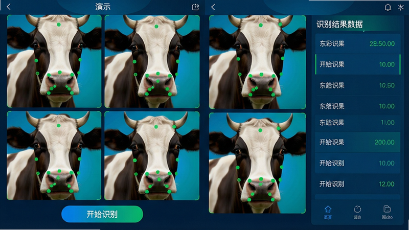 һ�Ŷ���ţ���ܼ�APP���ܽ�����д������Ϊ���Ų�ͬ�Ƕ���ţ������ʶ�������ʾ�����汻��Ϊ�ĸ�����ÿ�������ж�����ɫ������������ţ�ıǿס��۾����������򡣽����·��С���ʼʶ�𡱰�ť������Ϊ���ҷ������������ʾͼ���Ҳ���ʶ�������ݡ����Ϊ�Ƽ���UI��ƣ���ɫ����ɫΪ��ɫ����ϸ�����������ʸɾ����޶���Ԫ�ء�