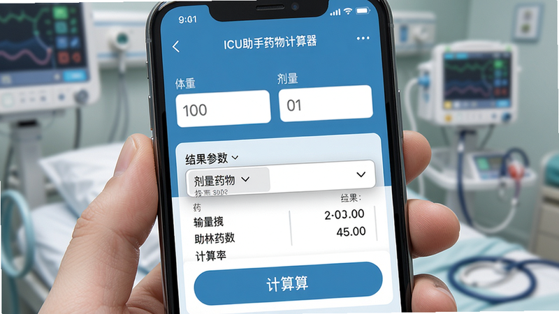 ICU助手药物计算器界面,主体为手机屏幕展示多巴胺剂量计算页面,布局为输入区与结果展示区,上方为体重和剂量输入框,下方为输液泵参数结果,风格为清爽医疗风格,细节包括药物列表下拉菜单与计算按钮,画质高清,无多余元素