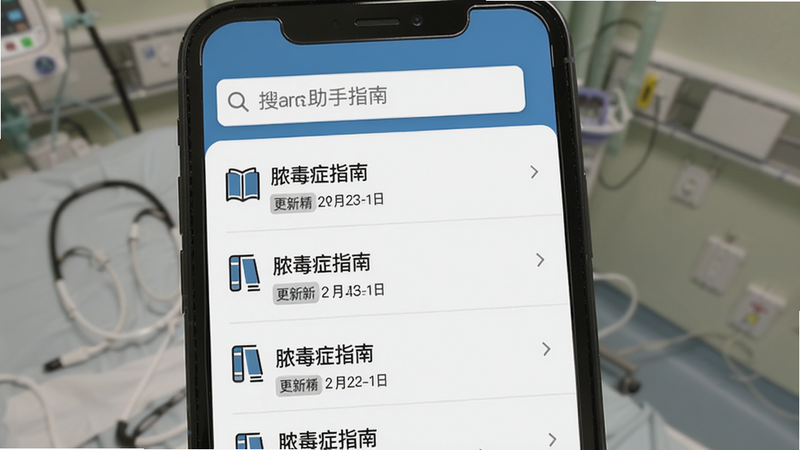 ICU助手指南查阅页面,主体为手机屏幕显示脓毒症指南目录,布局为列表式结构,上方为搜索框,下方为分章节条目,风格为简洁阅读模式,细节包括书籍图标与更新日期标签,画质干净,无多余元素