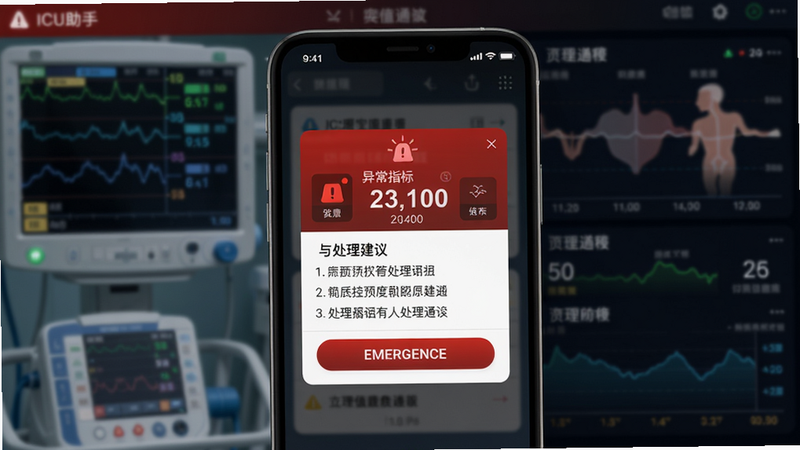 ICU助手危急值预警通知界面,主体为手机屏幕显示红色预警弹窗,包含异常指标数值与处理建议列表,布局为弹窗居中,背景为监护数据图表模糊效果,风格为警示红色与深色背景,细节包括闪烁图标与紧急按钮,画质清晰,无多余元素