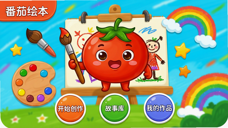主体:一款名为“番茄绘本”的儿童绘画应用界面,展示一个可爱的番茄卡通形象手持画笔,背景是色彩斑斓的儿童画风格。布局:居中构图,番茄形象位于视觉中心,周围环绕画笔、调色板、星星和彩虹元素。排版:界面下方有“开始创作”“故事库”“我的作品”三个圆形按钮,文字清晰。风格:卡通插画风格,色彩明亮活泼,线条圆润。细节:番茄形象面带微笑,画布上有半完成的儿童涂鸦,角落有“番茄绘本”中文字样。画质:高清,干净,无多余元素。
