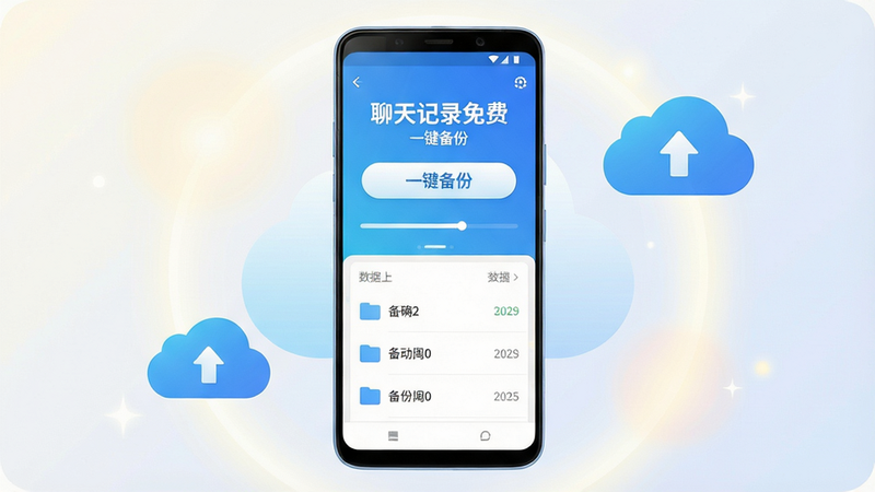 主体为一部亮屏的安卓智能手机悬浮于画面中央,屏幕内显示“聊天记录免费一键备份”的APP主界面,界面风格清爽简约,采用蓝白渐变主色调,上方有醒目的“一键备份”大按钮。背景是柔和的光晕与抽象的云存储图标,象征着数据安全上传至云端。布局采用居中构图,排版干净利落,整体风格扁平化、现代化,细节上突出屏幕内进度条与文件列表的UI元素,画质高清,色彩饱和明亮,干净无多余元素。