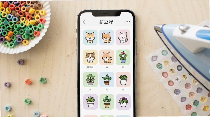 拼豆吖软件主界面展示图,手机屏幕显示拼豆图案库列表,包含卡通、萌宠、植物等分类缩略图,背景为浅色木纹桌面,摆放着彩色拼豆颗粒和烫熨纸,整体风格明亮整洁,画质清晰,干净无多余元素