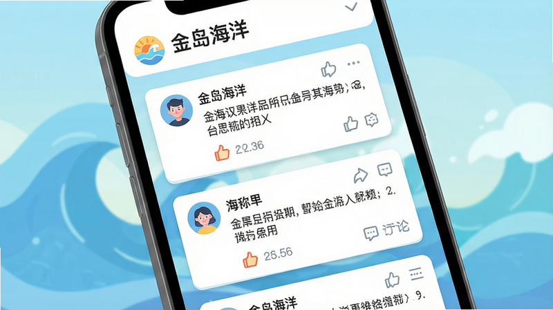 画面主体为手机屏幕展示“金岛海洋”社区讨论区,屏幕上显示用户发布的帖子卡片,包含头像、昵称、内容文字和点赞评论图标,背景为柔和的海浪抽象图案。布局为瀑布流式,排版活泼,风格为扁平化插画风,细节包括互动按钮,画质干净,无多余元素。