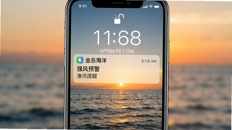 画面主体为手机锁屏界面显示“金岛海洋”推送通知,通知条上显示“强风预警”和“渔汛提醒”等字样,背景为海洋日出景色。布局为锁屏样式,排版简洁,风格为写实摄影风,细节包括通知图标与时间,画质干净,无多余元素。