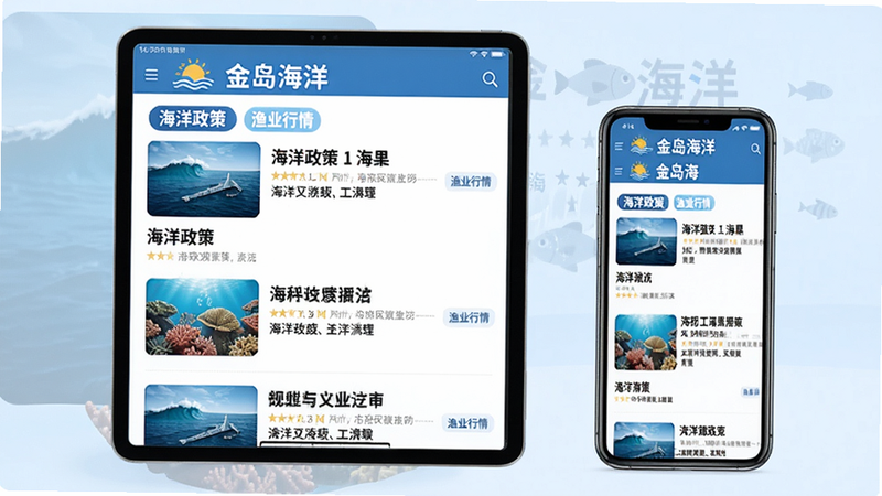 图片主体为平板电脑和手机并排展示“金岛海洋”资讯页面,屏幕上显示图文并茂的新闻列表,包含“海洋政策”、“渔业行情”等标签,背景为浅蓝色渐变。布局为多屏对比展示,排版整洁,风格为科技感插画风,细节包括新闻缩略图与标题,画质干净,无多余元素。