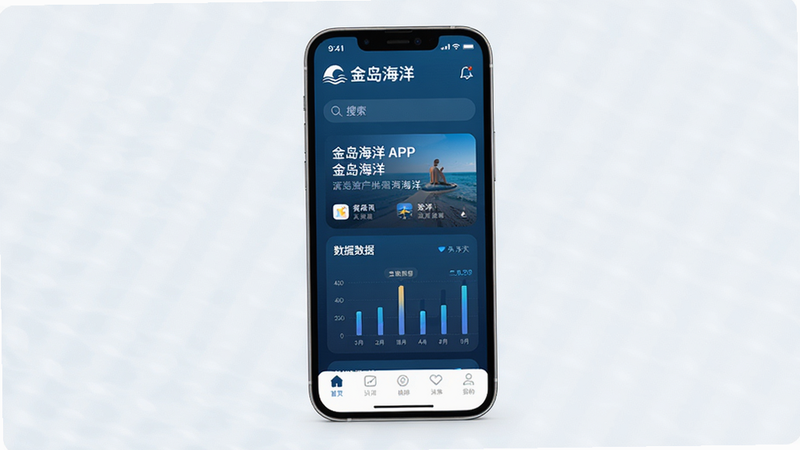 画面主体为智能手机屏幕展示“金岛海洋”APP主界面,界面风格现代简约,以深蓝色海洋色调为主,顶部显示“金岛海洋”logo和搜索栏,中间是资讯卡片与数据图表,底部导航栏清晰。整体布局规整,排版干净,图片风格为高清UI设计稿风格,细节丰富,画质干净,无多余元素。