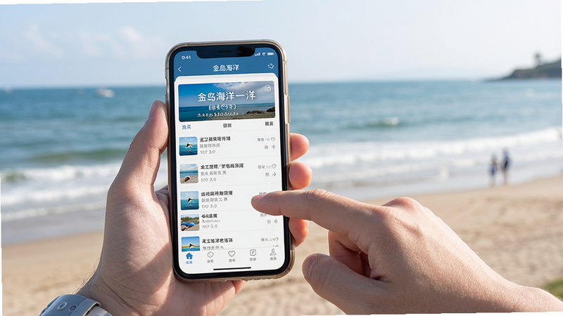 画面主体为一个人手持手机使用“金岛海洋”APP,手机屏幕上显示海洋资讯列表,背景为海边实景,人物手指点击屏幕。布局为第一人称视角,排版自然,风格为写实摄影,细节包括屏幕内容清晰可见,画质干净,无多余元素。