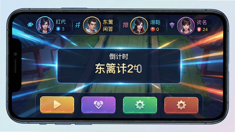 画面主体为“东篱闲答”多人对战进行中的手机截图,屏幕上方显示四位玩家头像与实时排名,中央是一道正在倒计时的题目,下方有四个彩色选项按钮。布局采用竞技风格UI,背景为动感光效。风格为现代游戏界面设计,色彩鲜艳,画质流畅,干净无多余元素。
