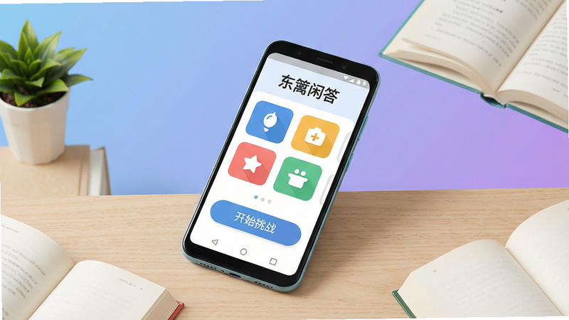 画面主体为一部亮屏的安卓手机,屏幕上清晰显示“东篱闲答”问答界面,界面包含彩色分类图标和“开始挑战”按钮。手机斜放在简约木质桌面上,背景是柔和的渐变蓝紫色,营造出轻松学习氛围。布局采用手机居中构图,周围点缀几本翻开的书籍和绿色小植物。排版风格扁平化设计,色彩明快,画质高清,干净无多余元素。
