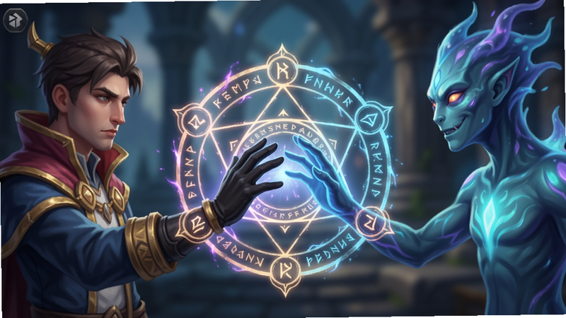 主体:魔力契约游戏界面截图,展示契约签订瞬间,玩家角色与魔灵手掌相对,中间形成发光契约阵。布局:角色在左,魔灵在右,契约阵居中。排版:画面以契约阵为焦点,两侧对称。风格:游戏UI风格,色彩绚丽。细节:契约阵纹路清晰,角色表情庄重,背景虚化。画质:清晰,干净无多余元素。