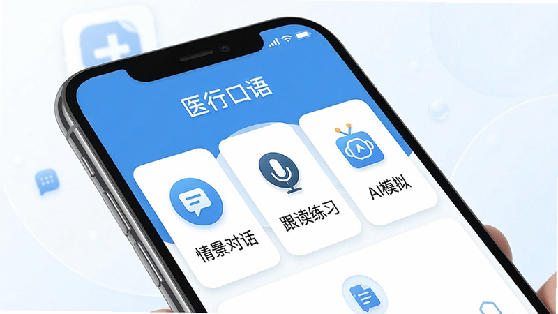 һ��չʾҽ�п���Ӧ�ý��������ͼ������Ϊ�����ֻ���Ļ����Ļ����ʾҽ�п������ҳ���������龰�Ի�������������ϰ������AIģ�⡱��ģ��ͼ�꣬����������ɫ������ɫ�Ͱ�ɫΪ����������ִ���ϸ��ͻ��Ӧ�����ơ�ҽ�п�������������ɾ����޶���Ԫ��