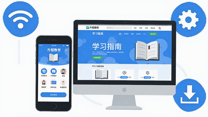 升程教育App使用指南示意图,图中展示一部手机与一台电脑,手机屏幕上有升程教育主界面,电脑屏幕显示学习网页版,周围有Wi-Fi图标、设置齿轮图标、下载箭头图标等,整体构图合理,蓝色调,扁平化设计,画质清晰,无多余文字