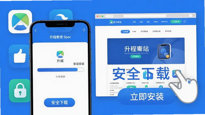 升程教育App下载安装步骤示意图,图中展示手机屏幕上的安装进度条,背景有应用商店图标和官方网站页面,配以“安全下载”“立即安装”等字样,整体风格简洁,蓝色调,画质清晰,无多余元素
