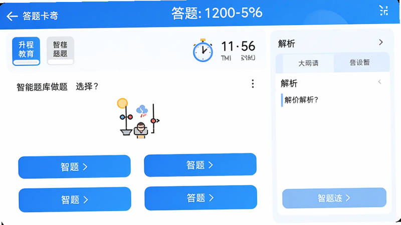 升程教育App智能题库做题界面预览图,展示一道选择题的答题页面,下方有四个选项按钮,界面上方有答题卡和计时器,右侧有解析区域,整体设计简洁,色彩对比清晰,蓝色主题,画质干净,无多余元素