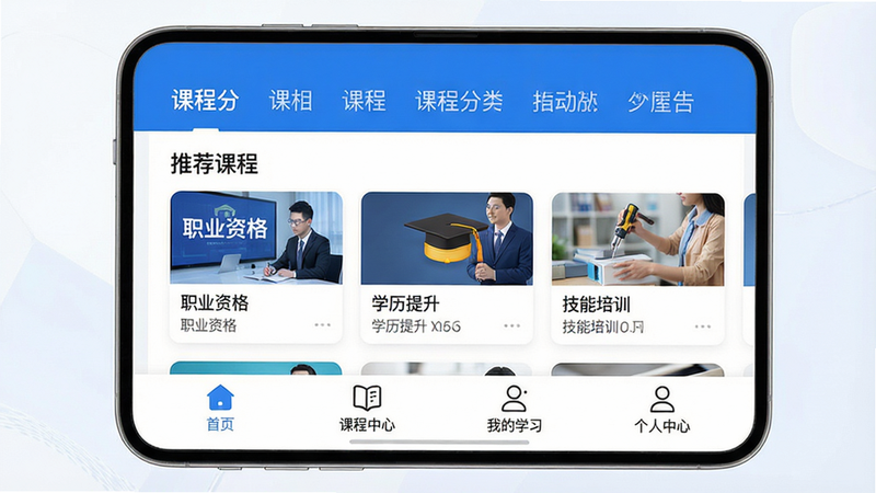 一张展示升程教育App主界面的高清预览图,界面设计简洁现代,以蓝色为主色调,顶部显示课程分类导航,中间区域展示推荐课程卡片,包含“职业资格”“学历提升”“技能培训”等模块,底部设有首页、课程中心、我的学习、个人中心四个标签栏,整体布局清晰,图标精致,风格明亮干净,画质高清,无多余元素
