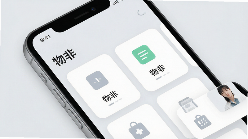一张现代简约风格的智能手机界面截图,屏幕中显示“物非”应用的物品管理主界面,采用卡片式布局,分类图标清晰,背景为柔和的浅灰色,整体色调干净明亮,突出应用名称“物非”,画质高清,无多余元素